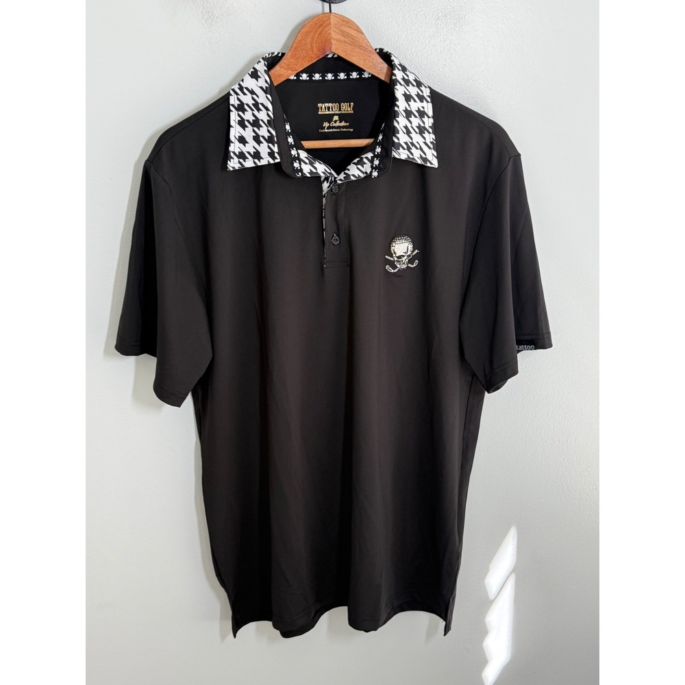 Tattoo Golf VIP Collection Polo Shirt Mens Medium Black Houndstooth Skull Golf